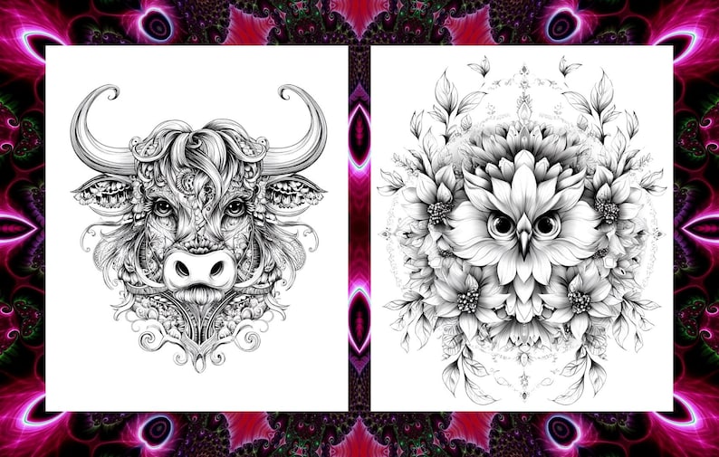 May include: Black and white illustrations of a bull and an owl. The bull has detailed patterns and large horns. The owl is composed of flowers and leaves. The images are on a white background with a decorative pink and purple border.