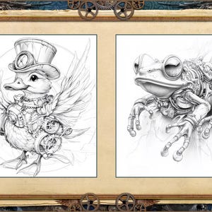 May include: A framed artwork featuring two detailed steampunk-style illustrations. One depicts a duckling with gears and a top hat, the other a frog with mechanical enhancements. The artwork is in black and white.