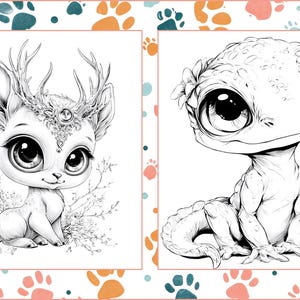 May include: Black and white illustration of two adorable fantasy creatures. One is a deer-like character with large eyes and antlers, the other is a lizard-like creature with big eyes and a flower crown. The image is framed with a paw print border.