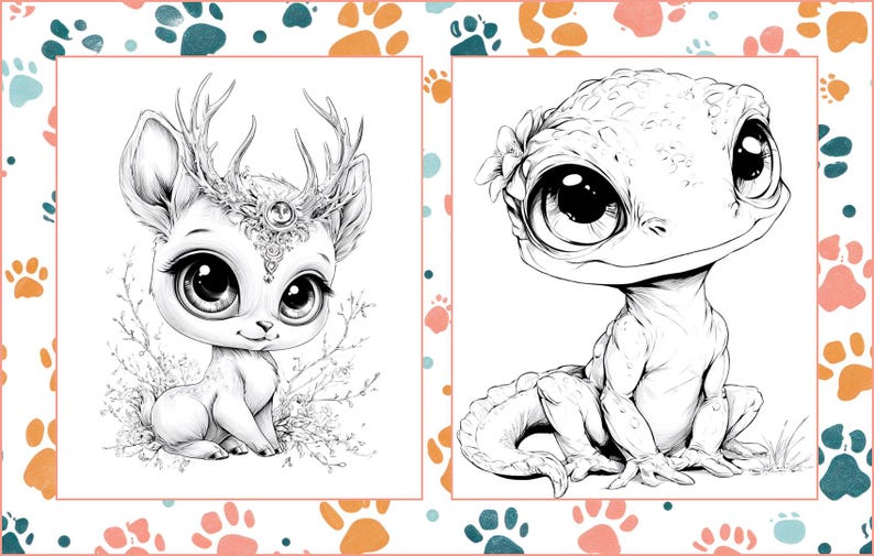 May include: Black and white illustration of two adorable fantasy creatures. One is a deer-like character with large eyes and antlers, the other is a lizard-like creature with big eyes and a flower crown. The image is framed with a paw print border.