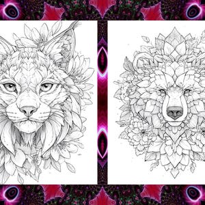 May include: Two black and white illustrations of animal portraits. One is a lynx, the other a bear, both adorned with floral and leaf elements. The images are set against a vibrant, patterned background.
