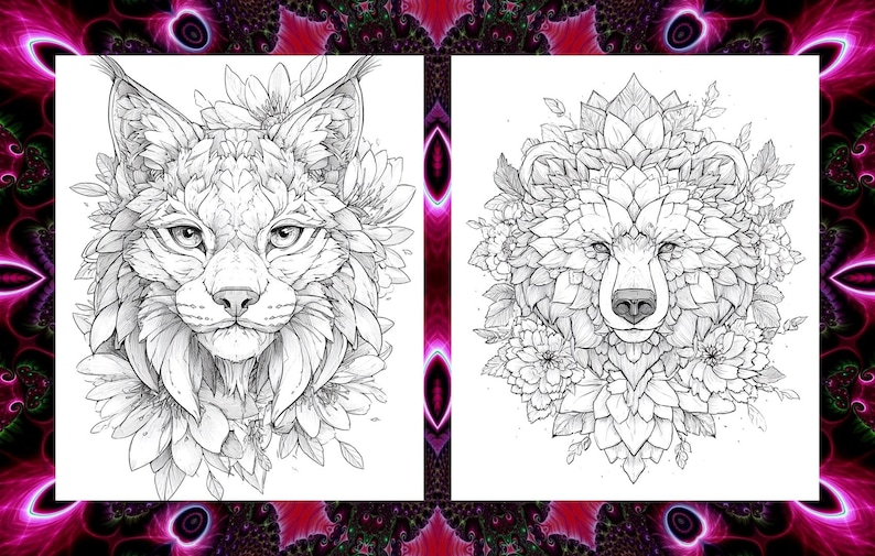 May include: Two black and white illustrations of animal portraits. One is a lynx, the other a bear, both adorned with floral and leaf elements. The images are set against a vibrant, patterned background.