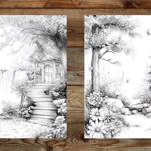 Puede incluir: Dos ilustraciones de paisajes en blanco y negro. Una representa una cascada, escaleras que conducen a un peque&ntilde;o edificio y vegetaci&oacute;n. La otra muestra una escena de bosque con un gran &aacute;rbol, flores y un peque&ntilde;o puente de madera.