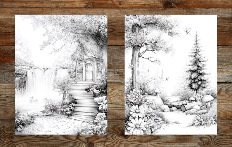 Puede incluir: Dos ilustraciones de paisajes en blanco y negro. Una representa una cascada, escaleras que conducen a un peque&ntilde;o edificio y vegetaci&oacute;n. La otra muestra una escena de bosque con un gran &aacute;rbol, flores y un peque&ntilde;o puente de madera.