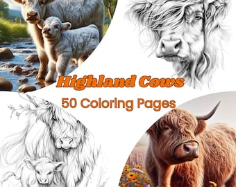 Highland Kuh Malbuch - 50 Ausmalseiten für Kuh zum Ausdrucken, Ausmalseiten für Erwachsene, Rustikaler Bauernhof, Highland Rind PDF Download