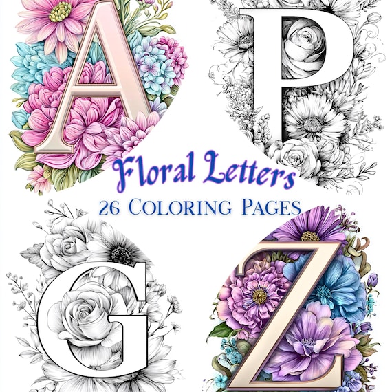 Floral Letters – 26 Unique Alphabet Coloring Pages