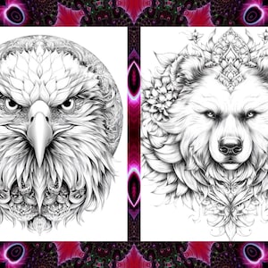 May include: Two detailed black and white illustrations. One depicts an eagle's head, the other a bear's head adorned with floral elements. The artwork is set against a vibrant, patterned background, creating a striking contrast.