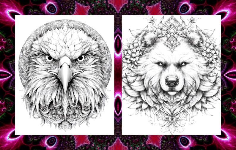 May include: Two detailed black and white illustrations. One depicts an eagle's head, the other a bear's head adorned with floral elements. The artwork is set against a vibrant, patterned background, creating a striking contrast.