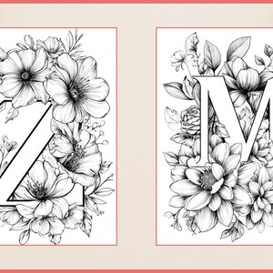 May include: Black and white floral letter art featuring the letters "Z" and "M". Each letter is surrounded by detailed botanical illustrations of various flowers and leaves. The artwork is set against a soft pink background.