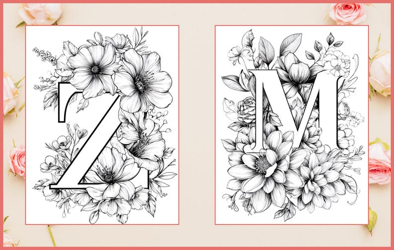 May include: Black and white floral letter art featuring the letters "Z" and "M". Each letter is surrounded by detailed botanical illustrations of various flowers and leaves. The artwork is set against a soft pink background.