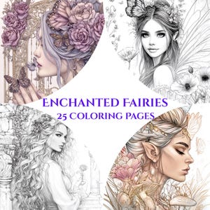 Op de afbeelding: Een digitale kunstdruk met vier illustraties van feeën met vlinders en bloemmotieven. De tekst "ENCHANTED FAIRIES 25 COLORING PAGES" wordt weergegeven in blauw en paars. De afbeeldingen zijn in kleur en zwart-wit.