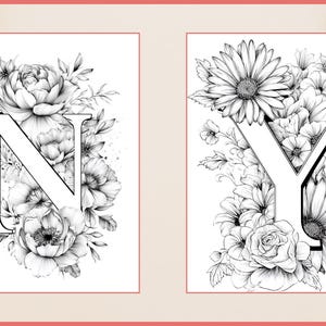 May include: Black and white floral letter art featuring the letters "N" and "Y". Each letter is surrounded by detailed flower illustrations, including peonies, daisies, and roses. The artwork is set against a white background.