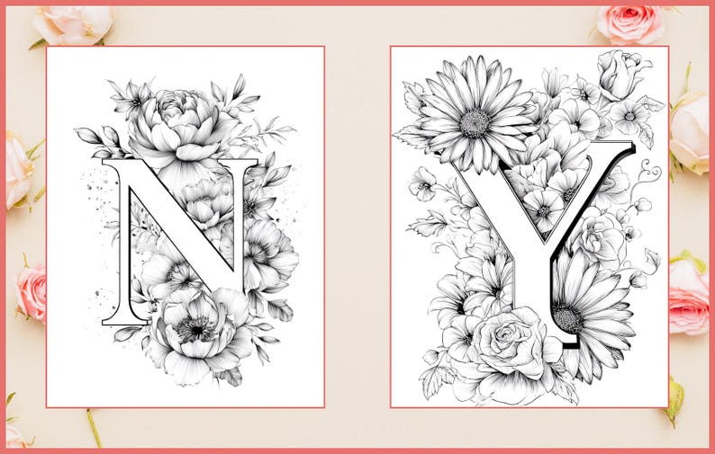 May include: Black and white floral letter art featuring the letters "N" and "Y". Each letter is surrounded by detailed flower illustrations, including peonies, daisies, and roses. The artwork is set against a white background.