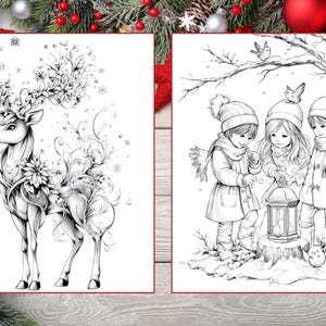 May include: Two black and white coloring pages. One features a detailed deer with floral antlers and body accents. The other depicts three children in winter attire gathered around a lantern, with birds perched above.