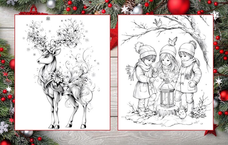 May include: Two black and white coloring pages. One features a detailed deer with floral antlers and body accents. The other depicts three children in winter attire gathered around a lantern, with birds perched above.