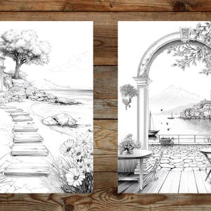 Puede incluir: Dos grabados art&iacute;sticos de paisajes en blanco y negro. Uno representa una escena costera con una casa, un camino de piedra y una playa. El otro muestra un arco que da a un pueblo costero con una iglesia, barcos y monta&ntilde;as.
