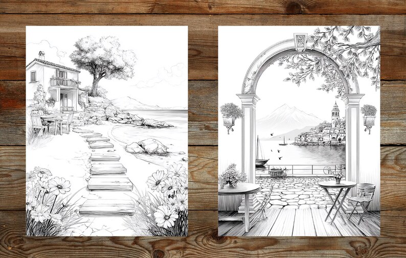 Puede incluir: Dos grabados art&iacute;sticos de paisajes en blanco y negro. Uno representa una escena costera con una casa, un camino de piedra y una playa. El otro muestra un arco que da a un pueblo costero con una iglesia, barcos y monta&ntilde;as.