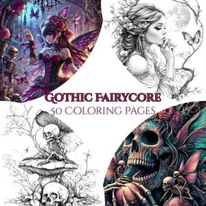 Könnte beinhalten: Ein digitaler Kunstdruck mit vier gotischen Fairycore-Illustrationen. Die Bilder zeigen eine Fee, eine Frau mit Blumen, eine Skelettfee und einen Schädel mit Feenflügeln. Der Text "Gothic Fairycore 50 Coloring Pages" wird angezeigt.