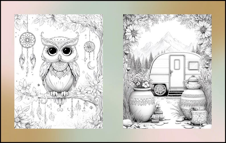 Peut inclure: Deux pages de coloriage en noir et blanc. L'une pr&eacute;sente un hibou d&eacute;taill&eacute; perch&eacute; sur une branche, entour&eacute; de fleurs et d'attrape-r&ecirc;ves. L'autre repr&eacute;sente une caravane entour&eacute;e de fleurs, d'arbres et de montagnes.