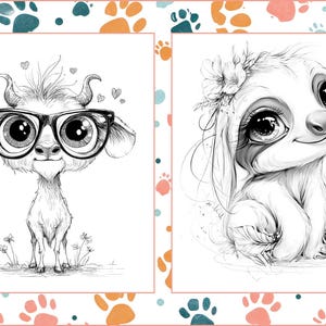 May include: Black and white illustrations of two adorable animals. One is a goat wearing glasses and surrounded by hearts. The other is a sloth with flowers in its hair. The images are framed with a paw print border.