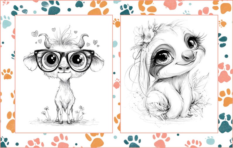 May include: Black and white illustrations of two adorable animals. One is a goat wearing glasses and surrounded by hearts. The other is a sloth with flowers in its hair. The images are framed with a paw print border.