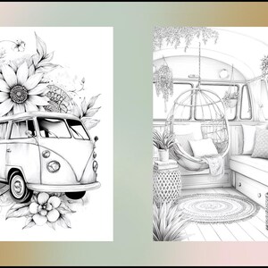 Peut inclure: Dessin en noir et blanc d'un van vintage orn&eacute; de fleurs. L'int&eacute;rieur pr&eacute;sente une chaise suspendue, des coussins et des plantes, cr&eacute;ant une ambiance boh&egrave;me et d&eacute;contract&eacute;e.
