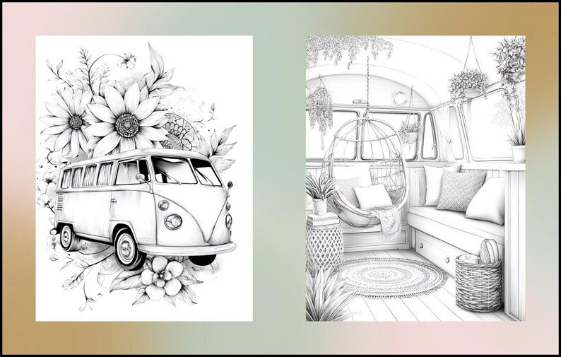 Peut inclure: Dessin en noir et blanc d'un van vintage orn&eacute; de fleurs. L'int&eacute;rieur pr&eacute;sente une chaise suspendue, des coussins et des plantes, cr&eacute;ant une ambiance boh&egrave;me et d&eacute;contract&eacute;e.