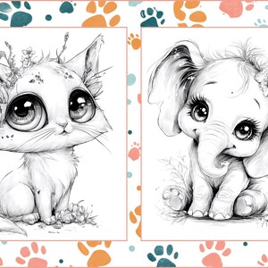 May include: Black and white illustration of a kitten and an elephant. The kitten has large eyes and is adorned with flowers. The elephant also has large eyes and a flower on its head. The image is framed with a paw print border.