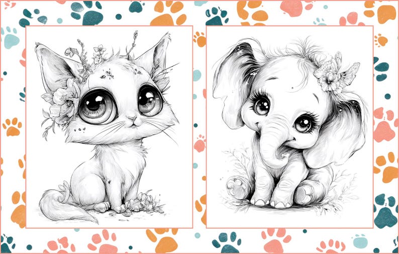 May include: Black and white illustration of a kitten and an elephant. The kitten has large eyes and is adorned with flowers. The elephant also has large eyes and a flower on its head. The image is framed with a paw print border.