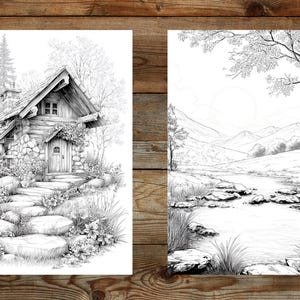 Puede incluir: Dos ilustraciones en blanco y negro. La primera representa una caba&ntilde;a de piedra con un camino de piedra que conduce a la puerta principal. La segunda muestra un paisaje con un cuerpo de agua, monta&ntilde;as y un &aacute;rbol.