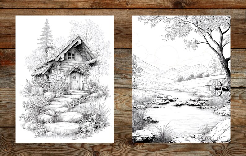 Puede incluir: Dos ilustraciones en blanco y negro. La primera representa una caba&ntilde;a de piedra con un camino de piedra que conduce a la puerta principal. La segunda muestra un paisaje con un cuerpo de agua, monta&ntilde;as y un &aacute;rbol.