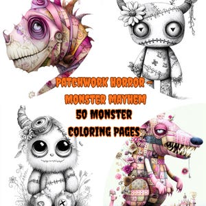 Peut inclure: Illustration numérique présentant quatre créations de monstres en patchwork. L'image comprend le texte « Patchwork Horror Monster Mayhem 50 Monster Coloring Pages ». Les monstres sont de différentes couleurs, dont le rose, le blanc et le noir.