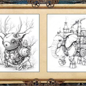 May include: Two steampunk-style illustrations in a decorative frame. One depicts a mechanical deer-like creature with gears and antlers. The other shows a mechanical elephant with a castle-like structure on its back. The frame has a bronze-like finish.