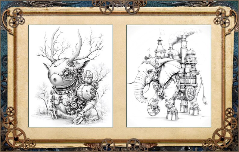 May include: Two steampunk-style illustrations in a decorative frame. One depicts a mechanical deer-like creature with gears and antlers. The other shows a mechanical elephant with a castle-like structure on its back. The frame has a bronze-like finish.
