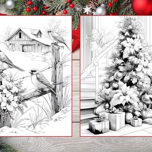 May include: Two black and white coloring pages. One features birds perched on a fence near a barn in a snowy landscape. The other depicts a decorated Christmas tree with wrapped gifts at its base. Both are framed with a red border.