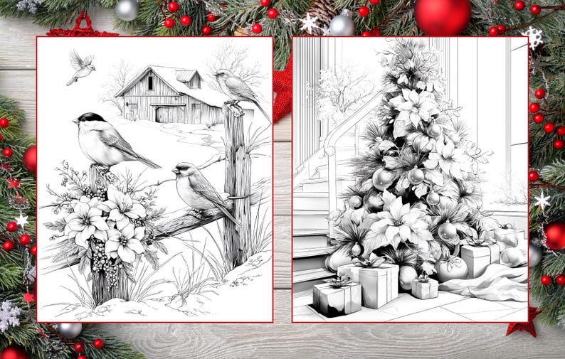 May include: Two black and white coloring pages. One features birds perched on a fence near a barn in a snowy landscape. The other depicts a decorated Christmas tree with wrapped gifts at its base. Both are framed with a red border.