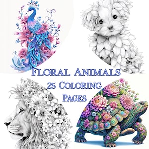 May include: A collection of four illustrations featuring animals adorned with floral elements. The images include a peacock, a puppy, a lion, and a turtle. The text "FLORAL ANIMALS 25 COLORING PAGES" is displayed in blue.