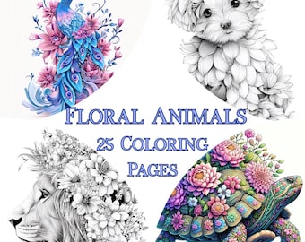Floral Animals Coloring Book | 25 Printable Animal & Flower Designs | Adult Coloring Pages PDF