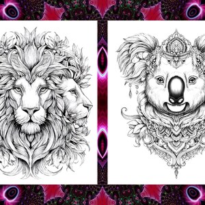 May include: Black and white illustrations of a lion with three faces and a koala bear. The lion has a floral crown, and the koala wears a jeweled headdress. Both images have intricate details.