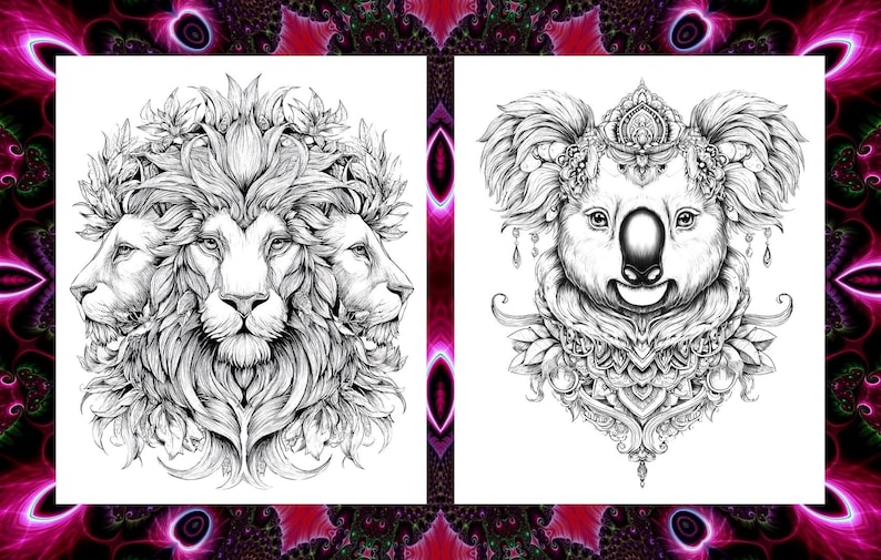 May include: Black and white illustrations of a lion with three faces and a koala bear. The lion has a floral crown, and the koala wears a jeweled headdress. Both images have intricate details.