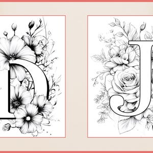 May include: Black and white floral letter art featuring the letters "D" and "J". Each letter is surrounded by detailed floral arrangements, including roses and other flowers. The artwork is set against a white background.