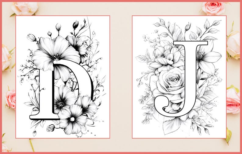 May include: Black and white floral letter art featuring the letters "D" and "J". Each letter is surrounded by detailed floral arrangements, including roses and other flowers. The artwork is set against a white background.