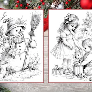 May include: Two black and white illustrations. One depicts a snowman with a hat, scarf, and broom, surrounded by snow and flowers. The other shows a girl and a boy with a teddy bear and gifts near a Christmas tree.
