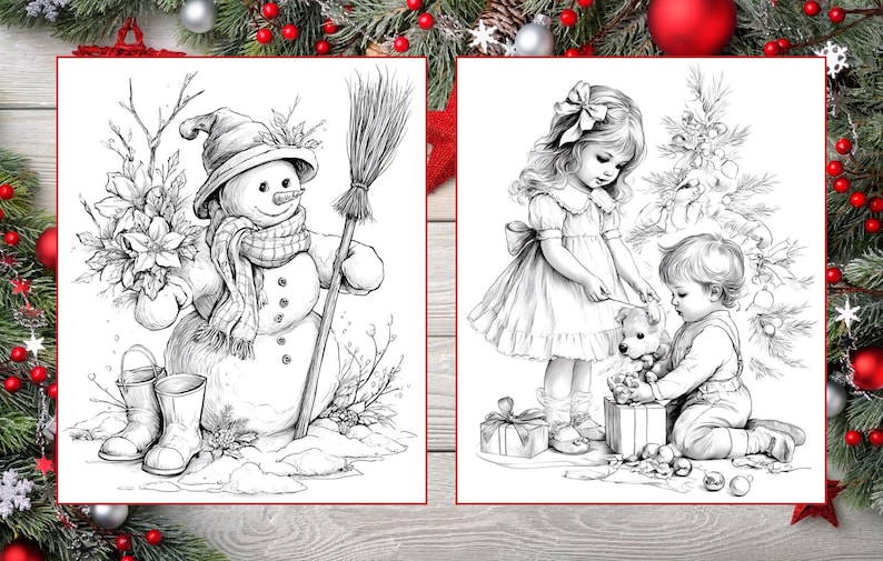 May include: Two black and white illustrations. One depicts a snowman with a hat, scarf, and broom, surrounded by snow and flowers. The other shows a girl and a boy with a teddy bear and gifts near a Christmas tree.