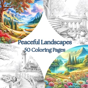 Könnte beinhalten: Eine Sammlung von vier Bildern mit Landschaftsszenen, zwei in Farbe und zwei in Schwarzweiß. Der Text "Peaceful Landscapes 50 Coloring Pages" ist mittig platziert. Die Bilder zeigen Berge, Seen und einen Leuchtturm.