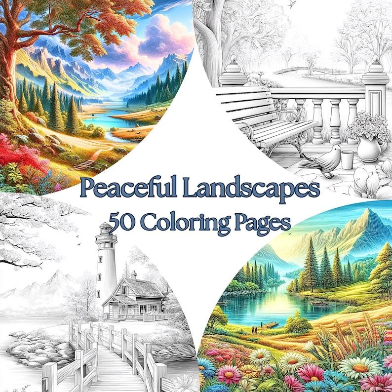 Puede incluir: Una colecci&oacute;n de cuatro im&aacute;genes que muestran escenas de paisajes, dos en color y dos en blanco y negro. El texto "Peaceful Landscapes 50 Coloring Pages" se muestra en el centro. Las im&aacute;genes representan monta&ntilde;as, lagos y un faro.