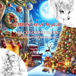 May include: A festive digital illustration with a Christmas theme. The image features a decorated Christmas tree, a snowman, a deer, and the text "Christmas Magic 50 Coloring Pages Instant Download."