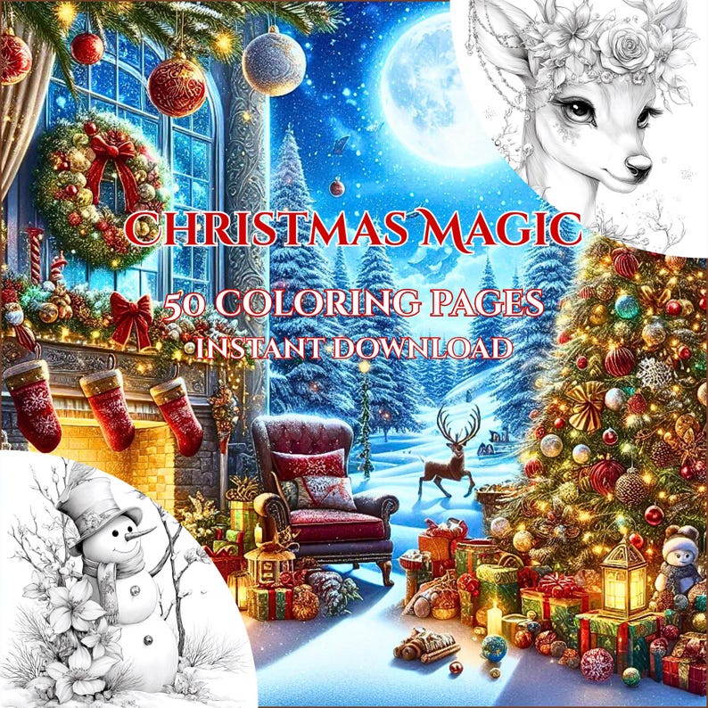 May include: A digital illustration with a Christmas theme. The image features a decorated Christmas tree, a snowman, a deer, and the text "Christmas Magic 50 Coloring Pages Instant Download."