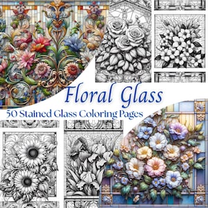 フローラルグラス - ステンドグラスの花のぬり絵 50 ページ