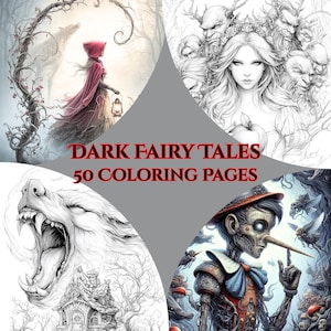 Puede incluir: Una colección de cuatro ilustraciones de un libro para colorear "Dark Fairy Tales". Las imágenes incluyen una mujer con una capa roja, una mujer con una corona, un lobo gruñendo y una figura parecida a Pinocho. El texto dice "Dark Fairy Tales 50 Coloring Pages".